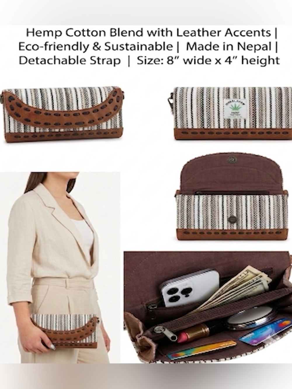Striped Hemp Cotton Clutch with Brown Leather Trim